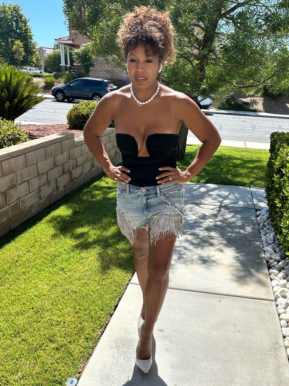 American Eagle Hand-Embellished Rhinestone Pearl Fringe Denim Festival Shorts - Picture 9 of 17